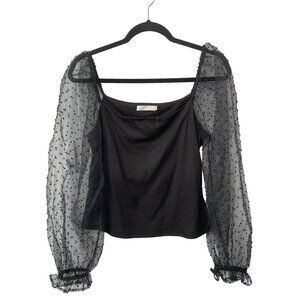Lush Sheer Swiss Dot Puff Sleeve Ribbed Top Size Large Square Neck Dark Feminine